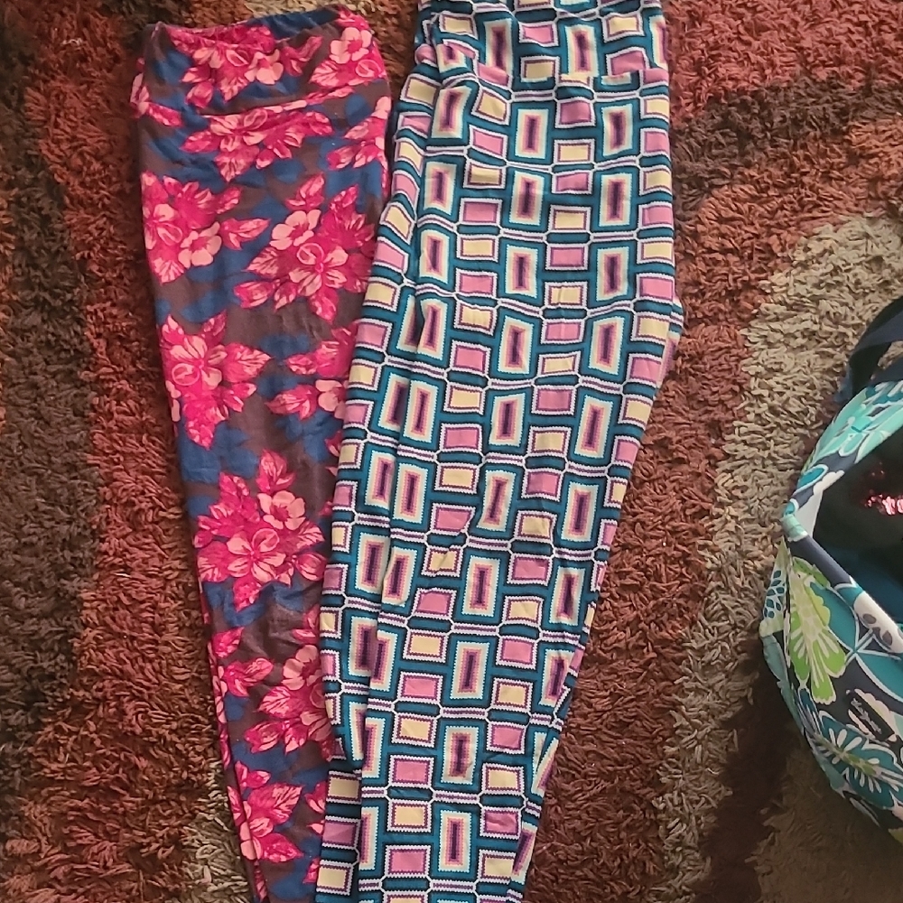 LuLaRoe Pink Floral and Blue Geometric Leggings